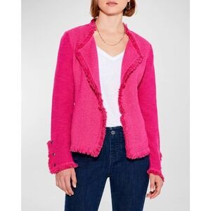 NIC+ZOE Pink Fringe Trim Knit Jacket Zip Pockets Chevron Textured Cardigan M